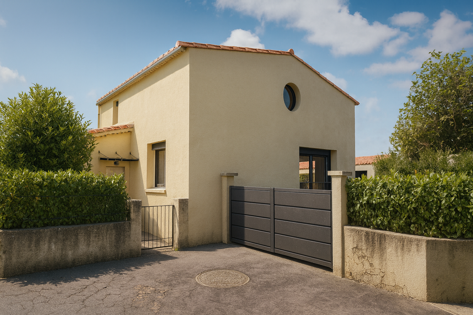 Sur-élévation d'une maison sur Saint-Mitre-lès-Remparts Maison moderne à un étage avec portail et végétation environnante.