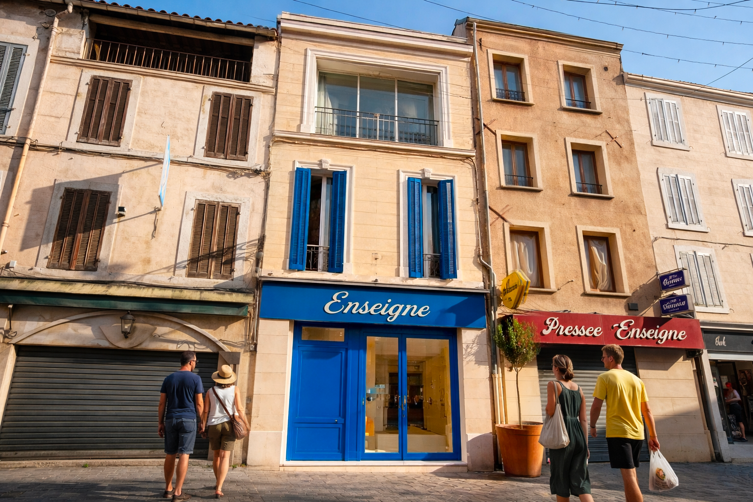 Rénovation d'un immeuble dans le centre-ville de Martigues Façade d'un magasin bleu avec des fenêtres et des boutiques voisines ensoleillées.