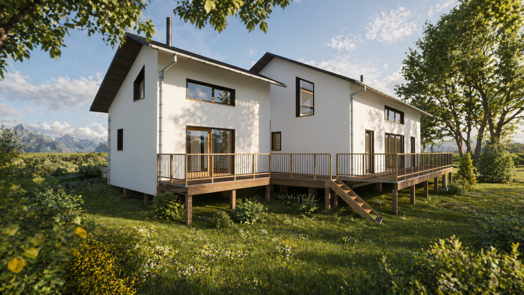 Réalisation d'une maison bois-paille sur Embrun Maison moderne avec balustrade en bois, entourée de verdure et de montagnes en arrière-plan.